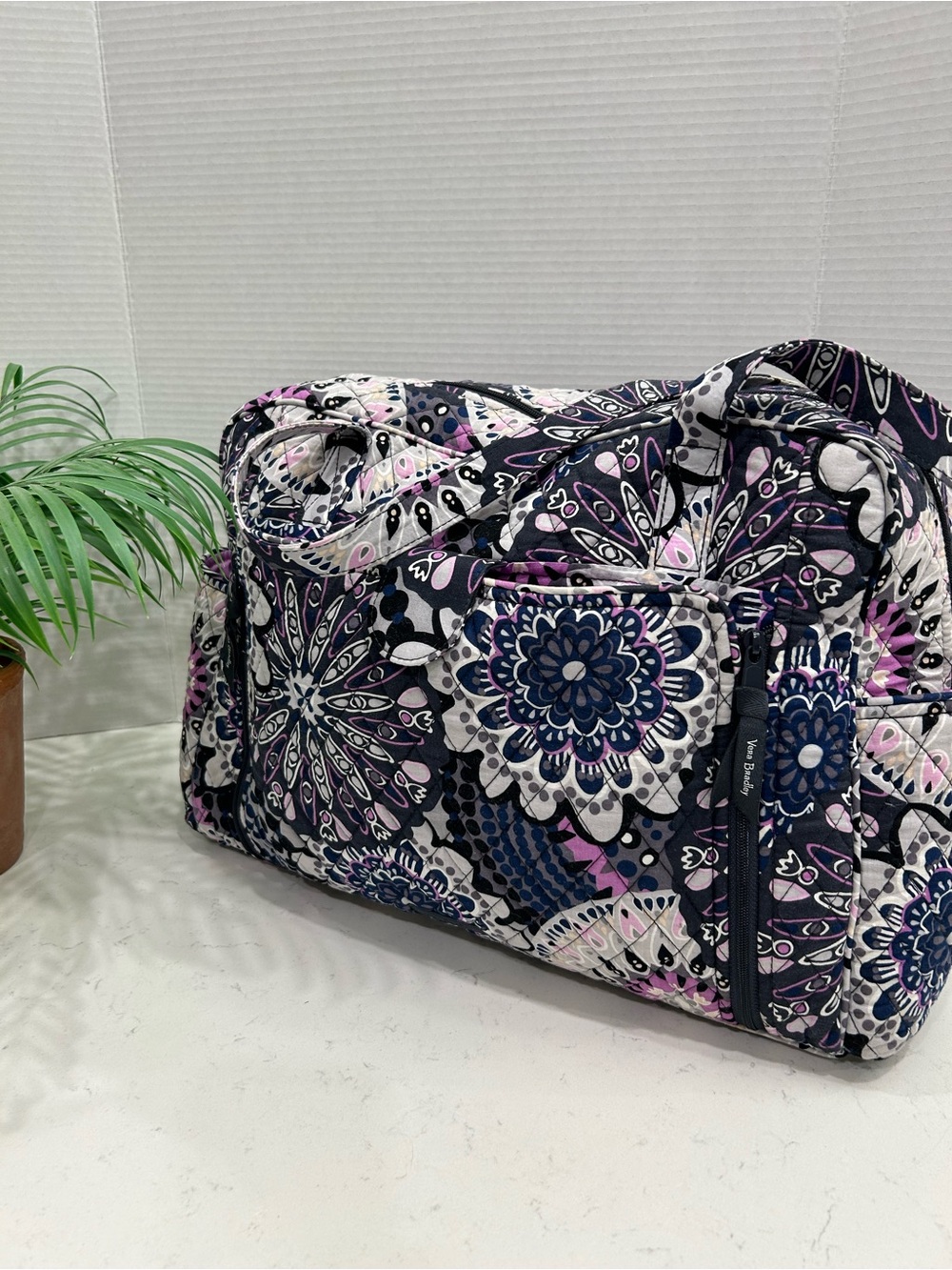 Vera Bradley Quilted Baby Duffel - Navy, Purple & White Mimosa Medallion
